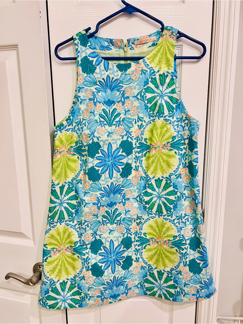 Olivaceous Sleeveless Floral Shift Dress in Blue & Green